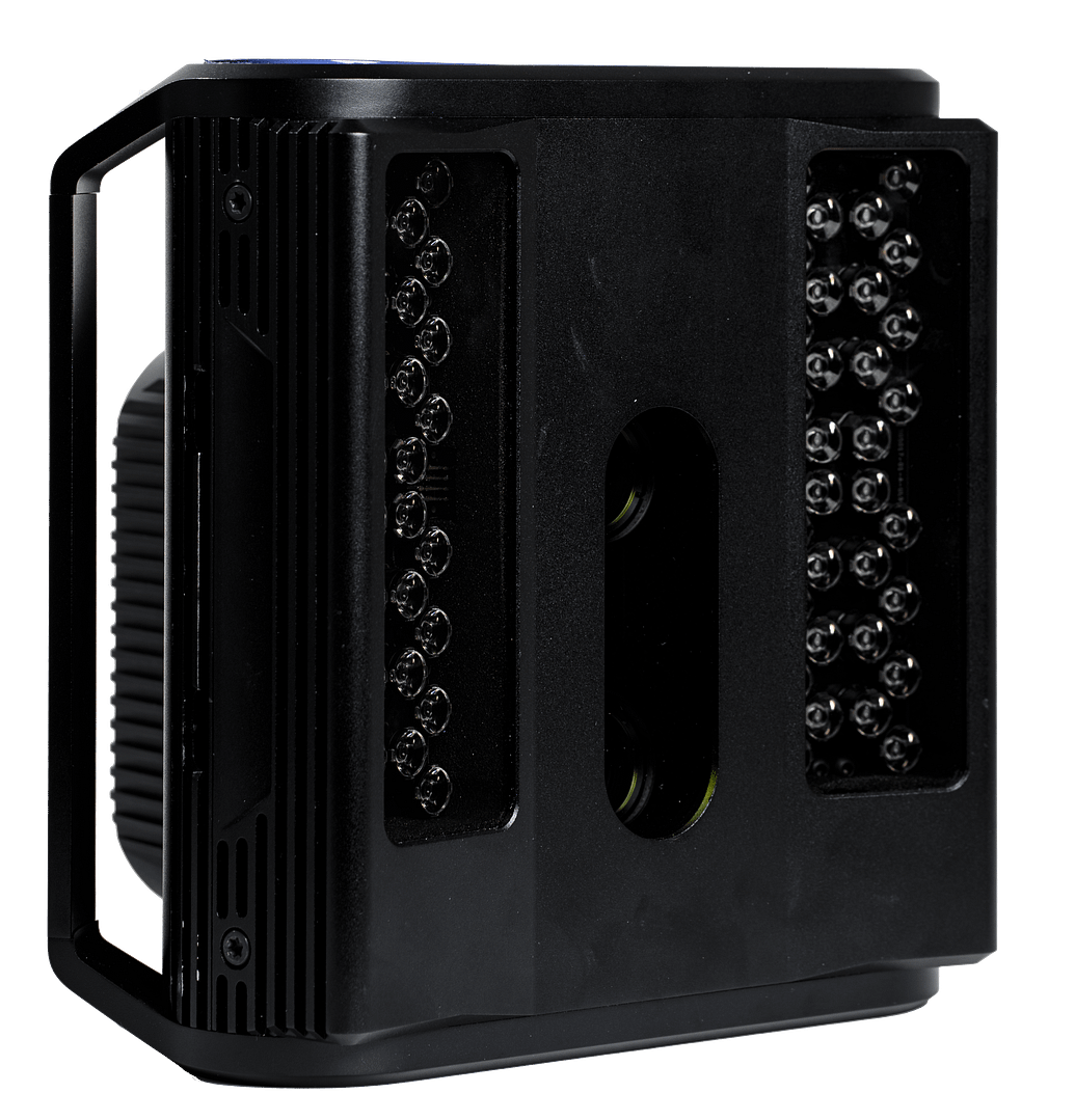 Isolated product shot of the Imetrum UVX3D 110 video extensometer module for 3D non-contact strain measurement.