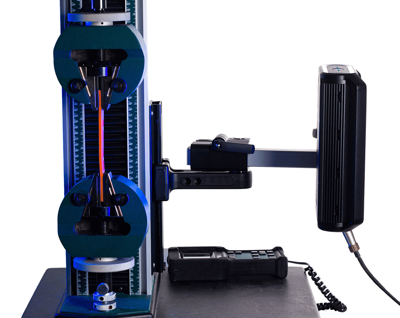 Vector U200 mounted to a Tinius Olsen single column test frame, with an orange elastomer specimen being measured