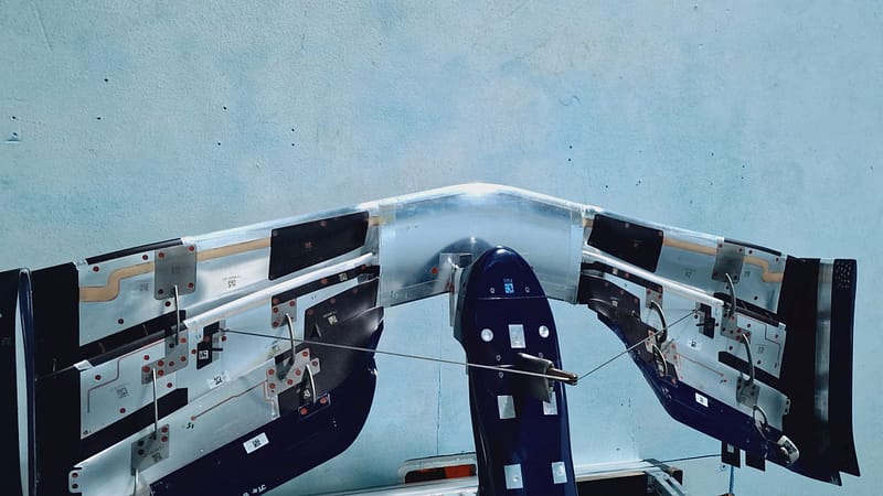 In this image you have a Formula 1 Front wing marked with Imetrum's Digital Image Correlation software tracking targets