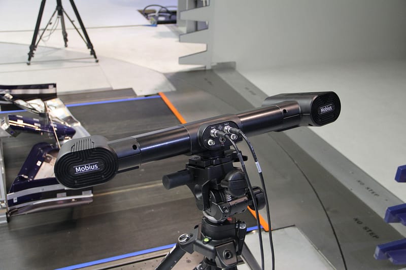 Mobius measuring front wing of F1 car in wind tunnel